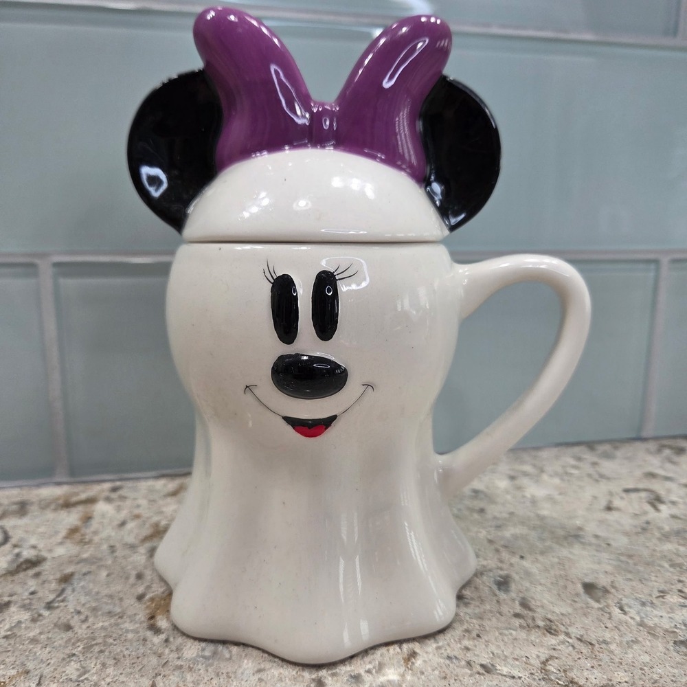 Disney Minnie Mouse Halloween Ghost Ceramic Jar with Lid Purple Bow White 7 inch
